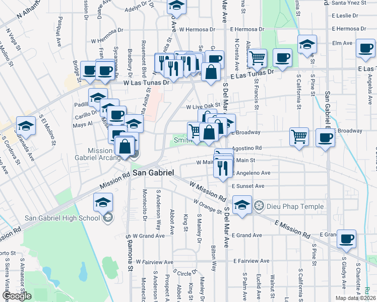 map of restaurants, bars, coffee shops, grocery stores, and more near 260 Clary Avenue in San Gabriel