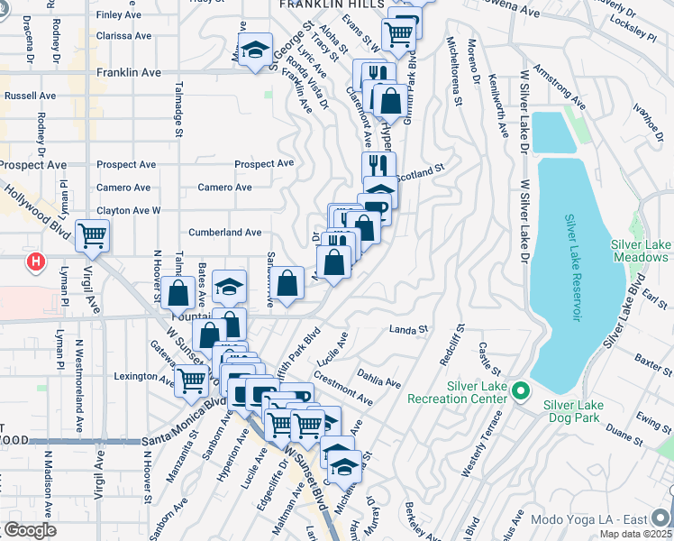 map of restaurants, bars, coffee shops, grocery stores, and more near 1937 Hyperion Avenue in Los Angeles