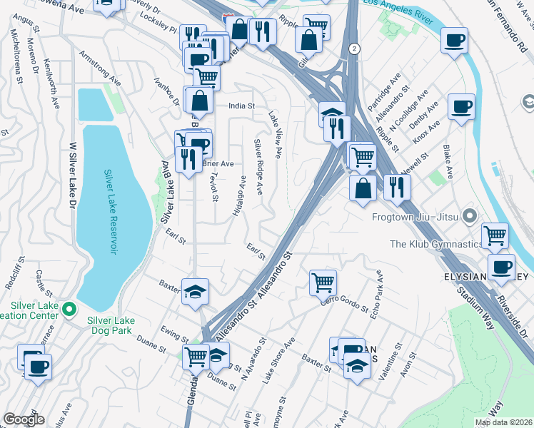 map of restaurants, bars, coffee shops, grocery stores, and more near 2305 Silver Ridge Avenue in Los Angeles