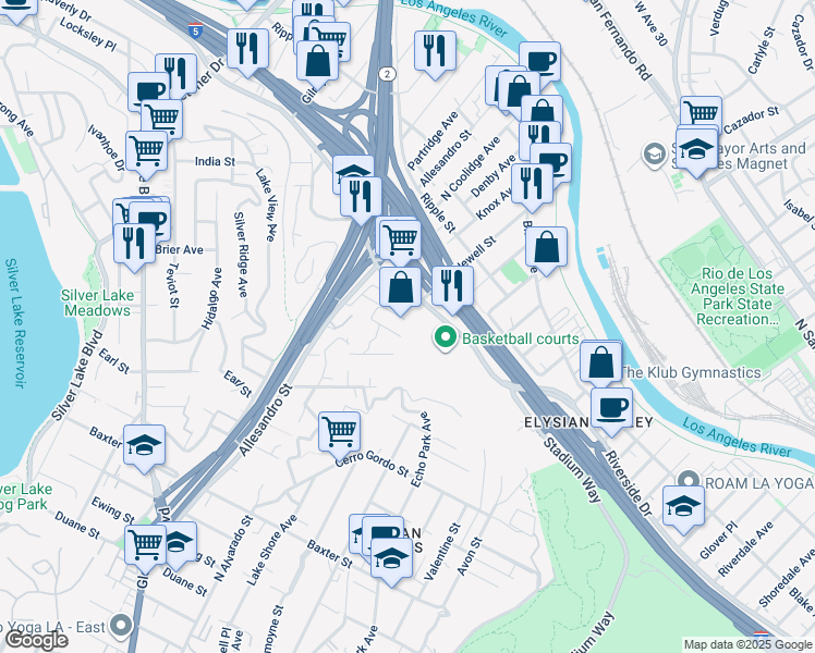 map of restaurants, bars, coffee shops, grocery stores, and more near 1904 Rosebud Avenue in Los Angeles