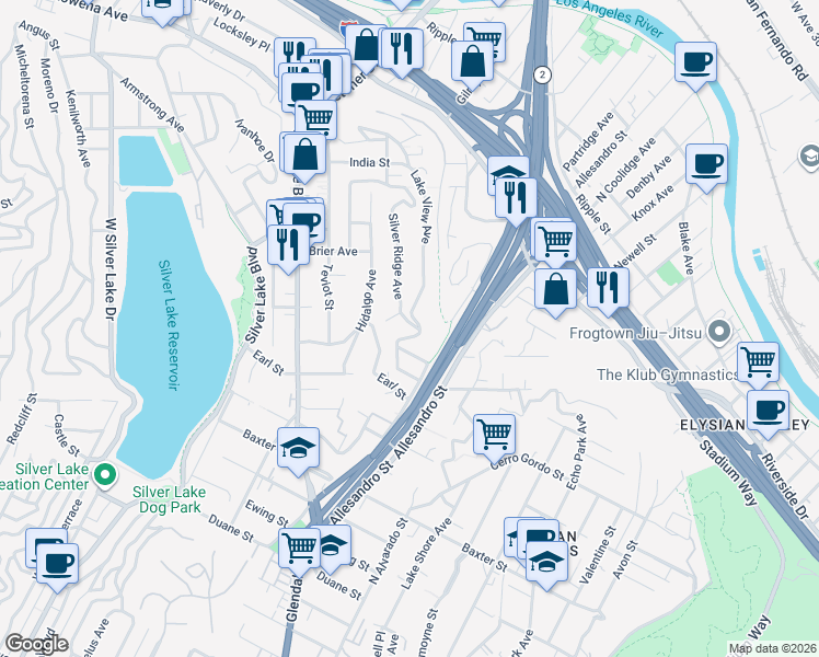 map of restaurants, bars, coffee shops, grocery stores, and more near 2305 Silver Ridge Avenue in Los Angeles