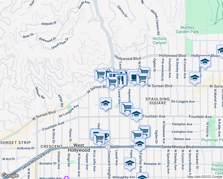map of restaurants, bars, coffee shops, grocery stores, and more near 8100 Sunset Boulevard in Los Angeles