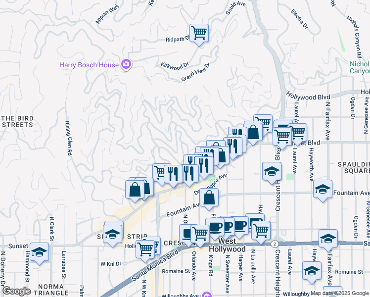 map of restaurants, bars, coffee shops, grocery stores, and more near 8410 Harold Way in Los Angeles
