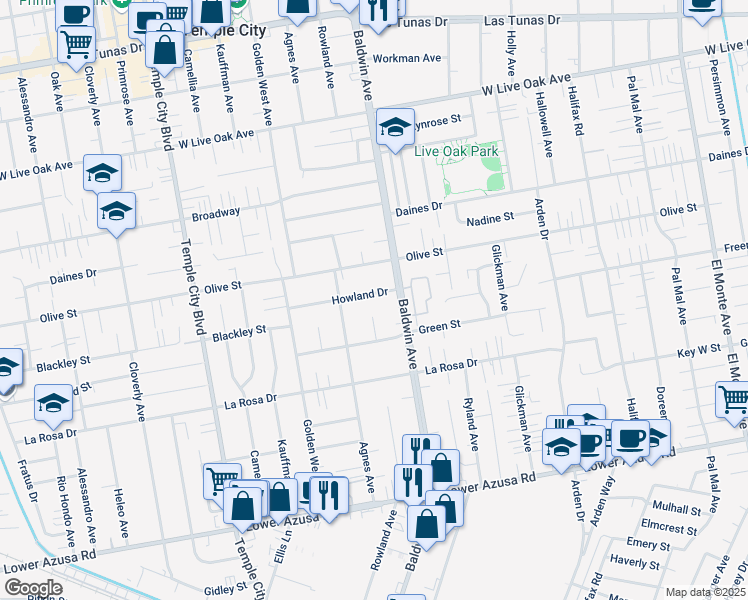 map of restaurants, bars, coffee shops, grocery stores, and more near 9942 Howland Drive in Temple City