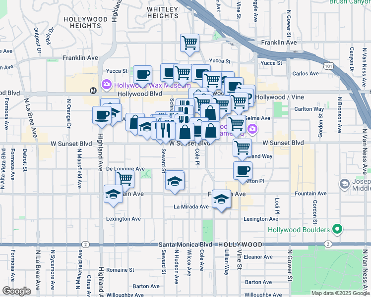 map of restaurants, bars, coffee shops, grocery stores, and more near 6464 Sunset Boulevard in Los Angeles