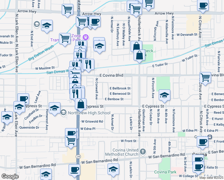 map of restaurants, bars, coffee shops, grocery stores, and more near 17711 East Bellbrook Street in Covina