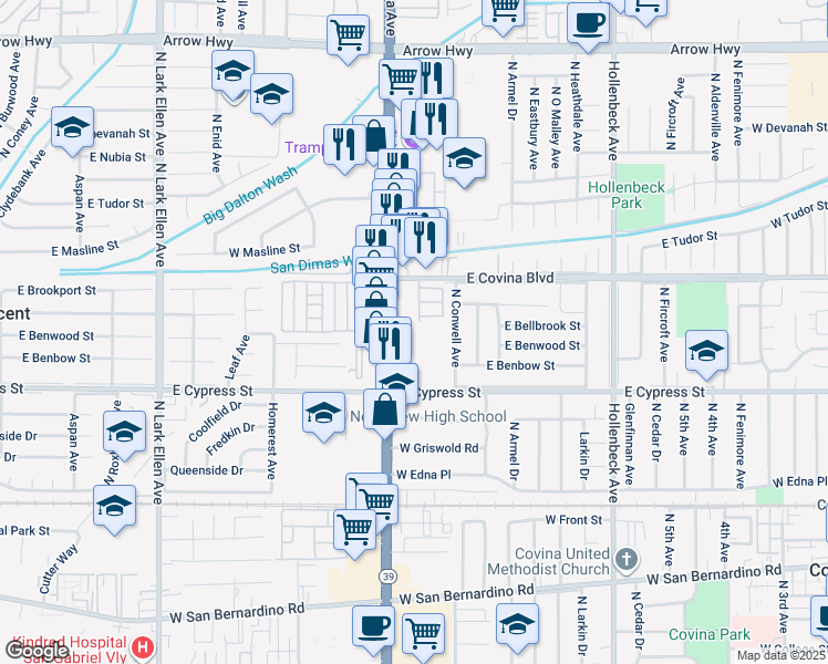 map of restaurants, bars, coffee shops, grocery stores, and more near in Covina
