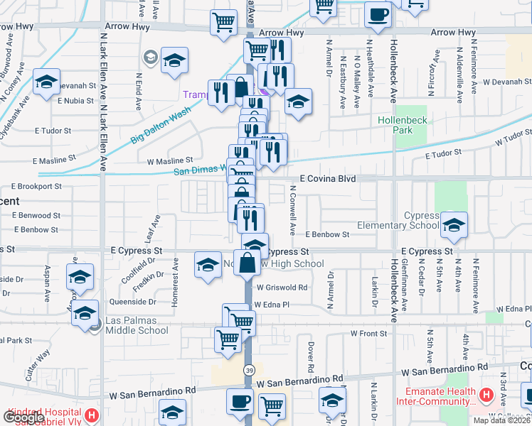 map of restaurants, bars, coffee shops, grocery stores, and more near 1036 North La Breda in Covina