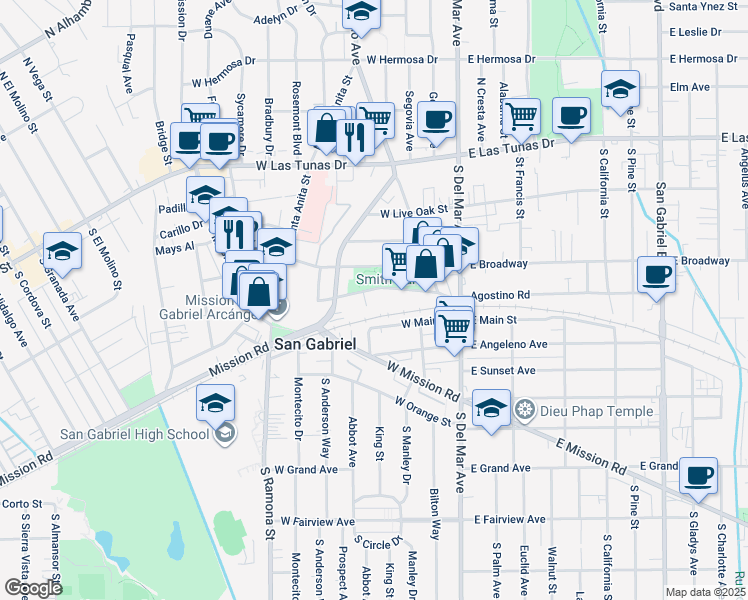 map of restaurants, bars, coffee shops, grocery stores, and more near 320 Clary Avenue in San Gabriel