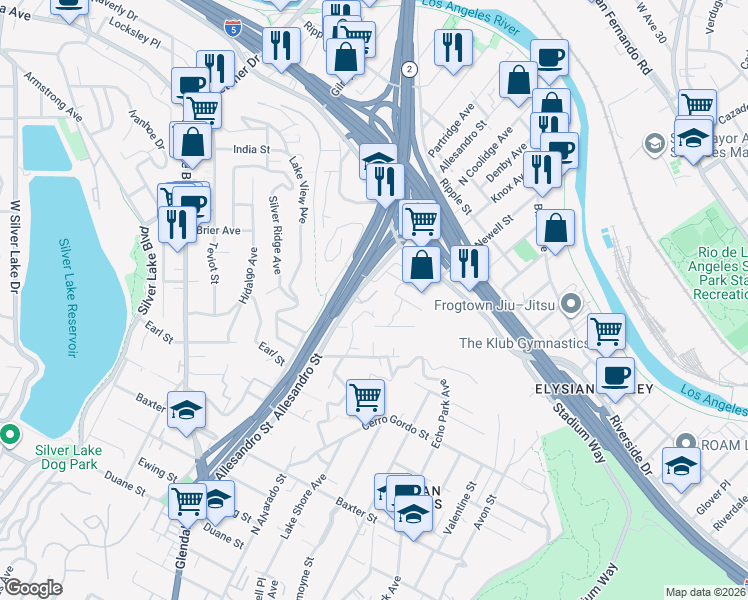 map of restaurants, bars, coffee shops, grocery stores, and more near 2528 Via Artis in Los Angeles
