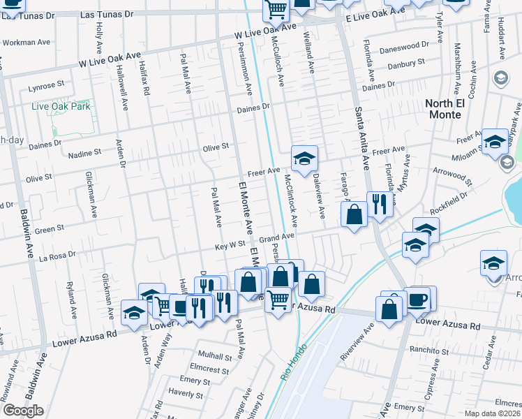 map of restaurants, bars, coffee shops, grocery stores, and more near 10721 Arrowood Street in Temple City