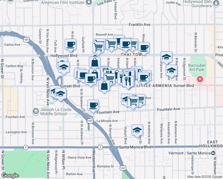 map of restaurants, bars, coffee shops, grocery stores, and more near 5322 Sunset Boulevard in Los Angeles