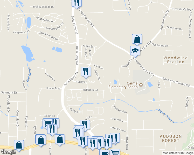 map of restaurants, bars, coffee shops, grocery stores, and more near 254 Derby Court in Acworth