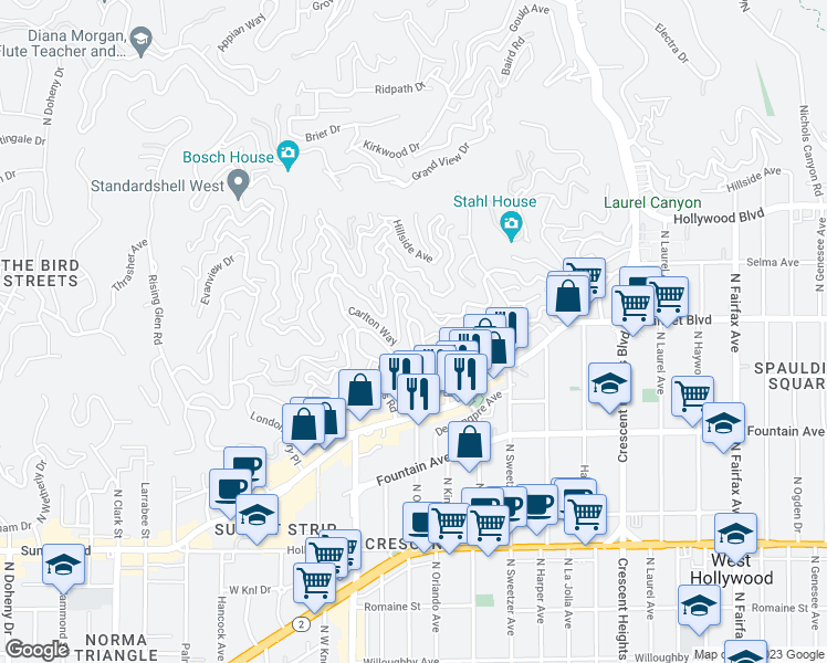 map of restaurants, bars, coffee shops, grocery stores, and more near 8410 Harold Way in Los Angeles