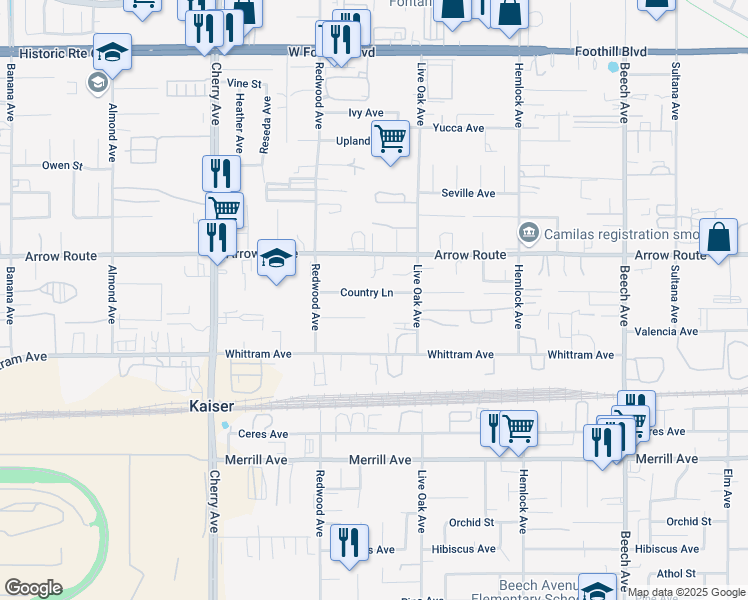 map of restaurants, bars, coffee shops, grocery stores, and more near in Fontana