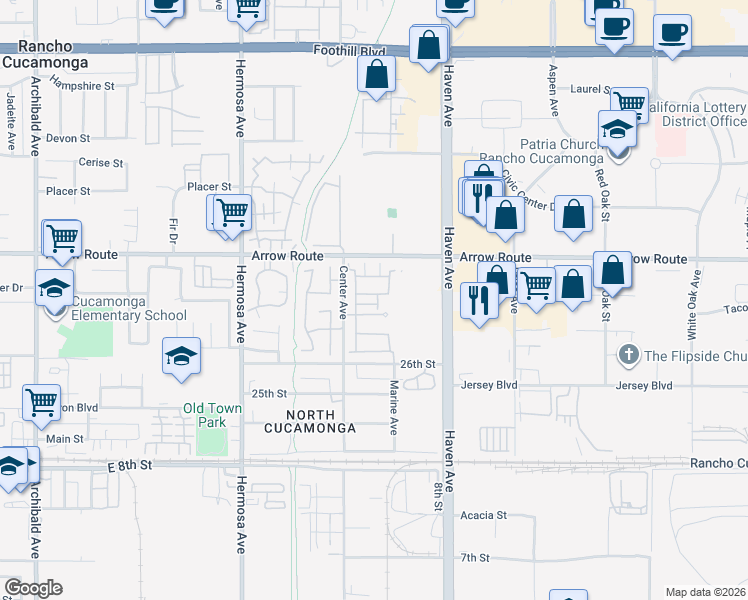 map of restaurants, bars, coffee shops, grocery stores, and more near 10349 Cooks Drive in Rancho Cucamonga