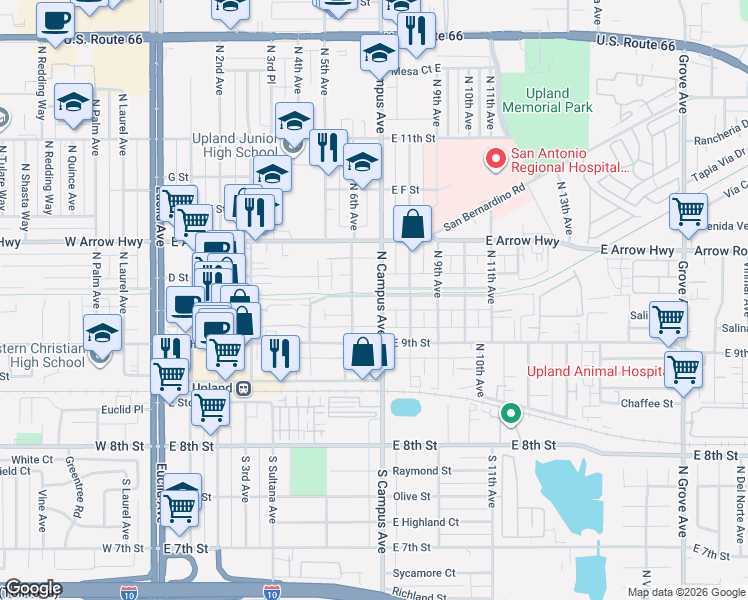 map of restaurants, bars, coffee shops, grocery stores, and more near 379 North Campus Avenue in Upland