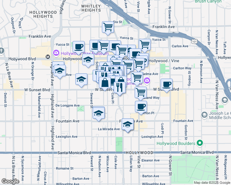 map of restaurants, bars, coffee shops, grocery stores, and more near 6430 Sunset Boulevard in Los Angeles