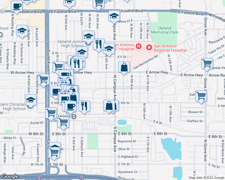 map of restaurants, bars, coffee shops, grocery stores, and more near North Campus Avenue in Upland