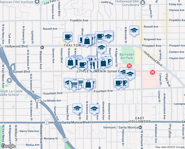 map of restaurants, bars, coffee shops, grocery stores, and more near 1/2 Sunset Boulevard in Los Angeles