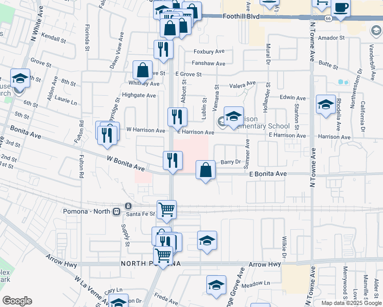 map of restaurants, bars, coffee shops, grocery stores, and more near 255 East Bonita Avenue in Pomona