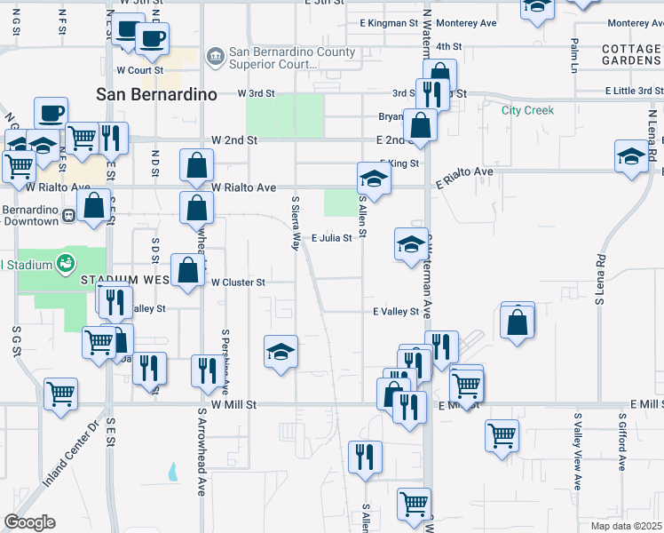 map of restaurants, bars, coffee shops, grocery stores, and more near 158 East Cluster Street in San Bernardino