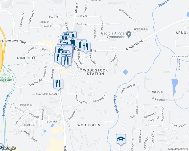 map of restaurants, bars, coffee shops, grocery stores, and more near 1127 Cousins Road in Woodstock