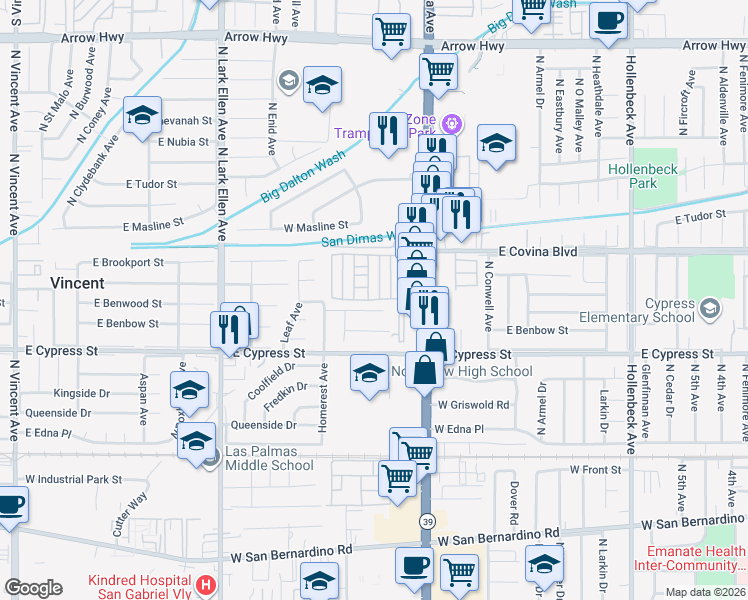 map of restaurants, bars, coffee shops, grocery stores, and more near 1023 West Benwood Street in Covina