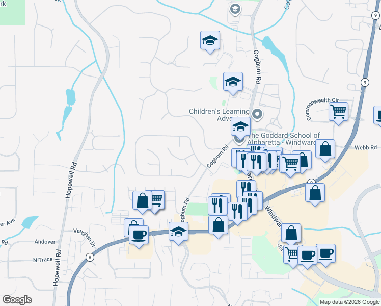 map of restaurants, bars, coffee shops, grocery stores, and more near 205 Relais Trce in Alpharetta