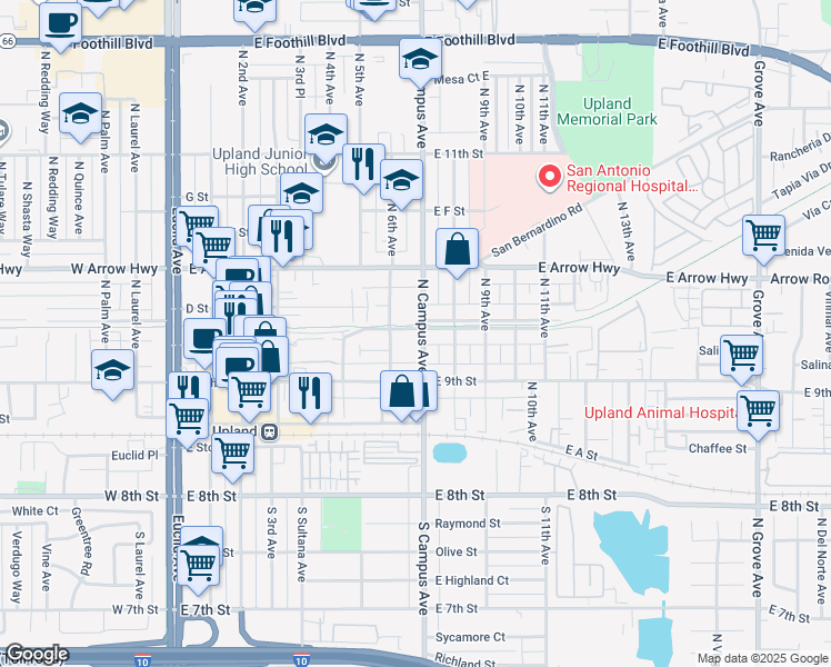map of restaurants, bars, coffee shops, grocery stores, and more near 329 North Campus Avenue in Upland
