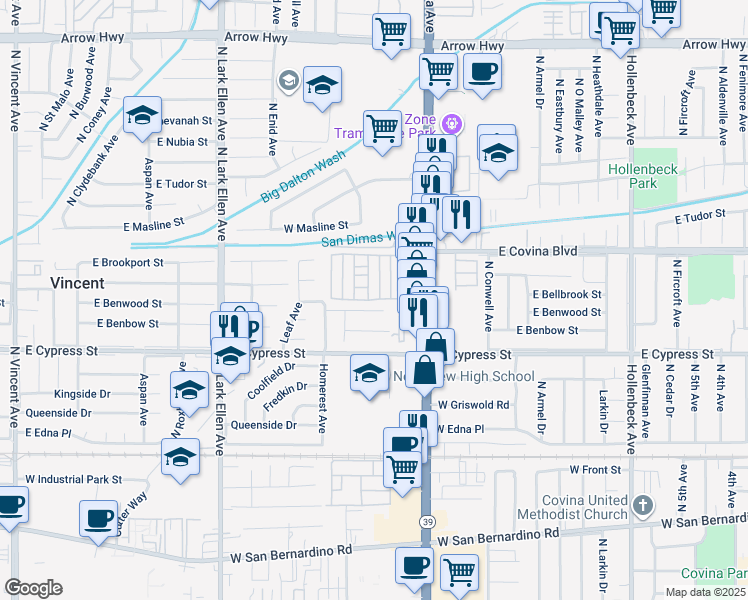 map of restaurants, bars, coffee shops, grocery stores, and more near in Covina