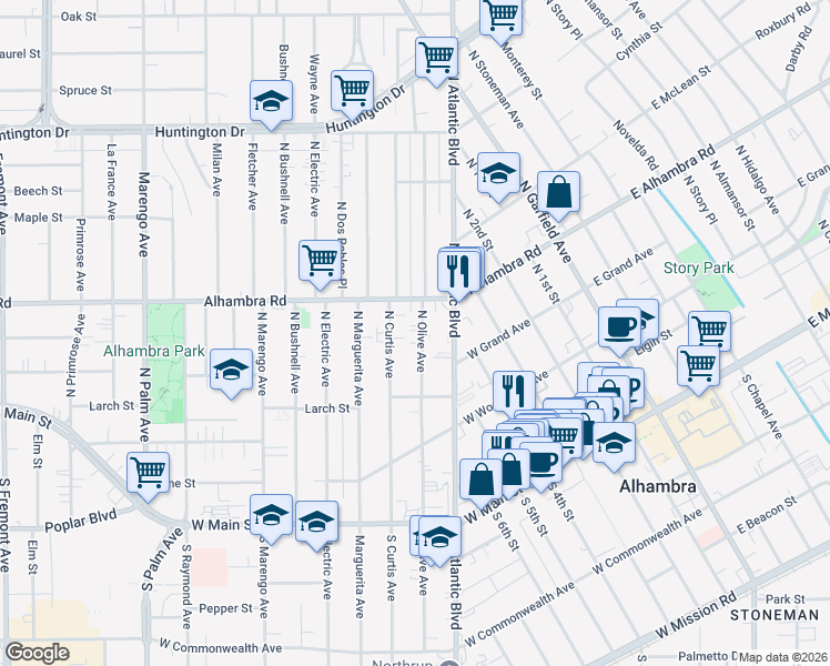 map of restaurants, bars, coffee shops, grocery stores, and more near 501 North Olive Avenue in Alhambra
