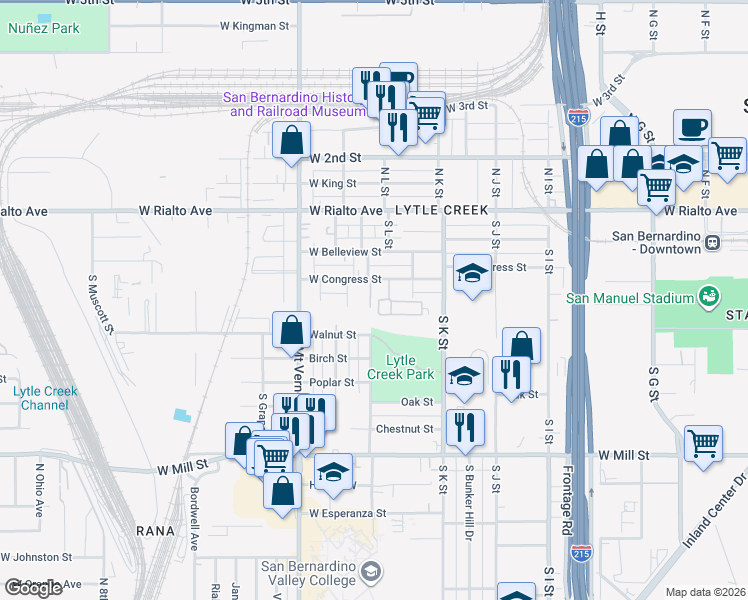 map of restaurants, bars, coffee shops, grocery stores, and more near 1177 West Congress Street in San Bernardino