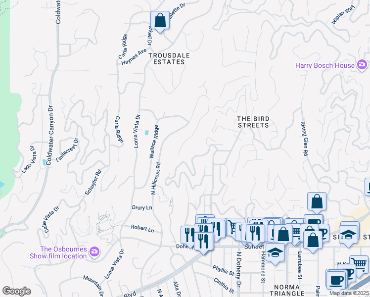 map of restaurants, bars, coffee shops, grocery stores, and more near 1175 Hillcrest Road in Beverly Hills