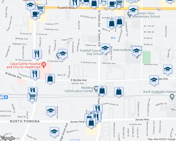 map of restaurants, bars, coffee shops, grocery stores, and more near 710 Banyan Way in Pomona