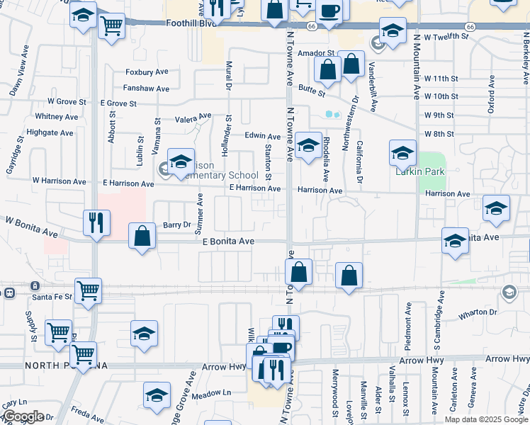 map of restaurants, bars, coffee shops, grocery stores, and more near 2866 Birch Lane in Pomona