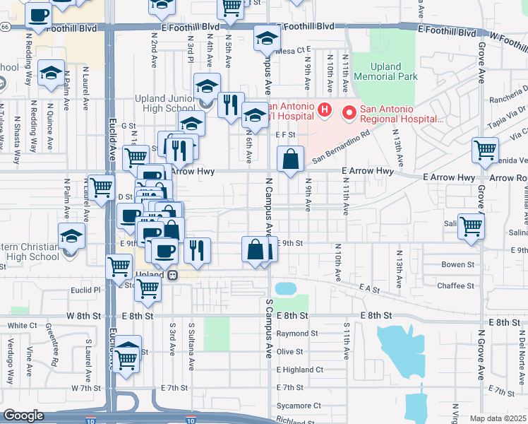map of restaurants, bars, coffee shops, grocery stores, and more near 329 North Campus Avenue in Upland