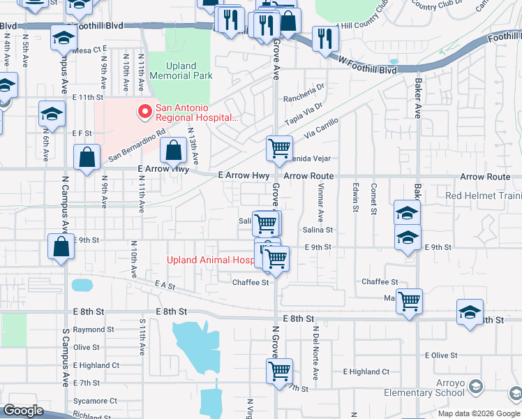 map of restaurants, bars, coffee shops, grocery stores, and more near 1462 Orange Grove Street in Upland