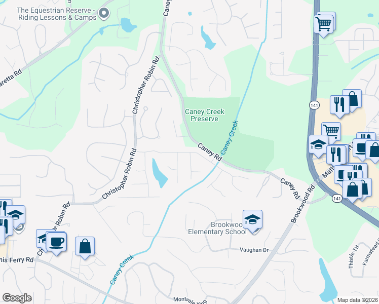 map of restaurants, bars, coffee shops, grocery stores, and more near 3070 Brookwater Drive in Cumming