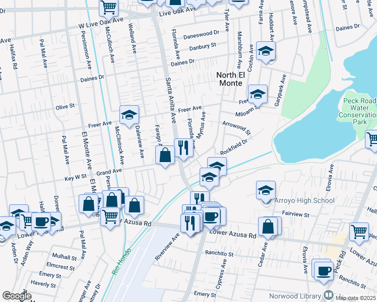 map of restaurants, bars, coffee shops, grocery stores, and more near 5025 Florinda Avenue in Temple City