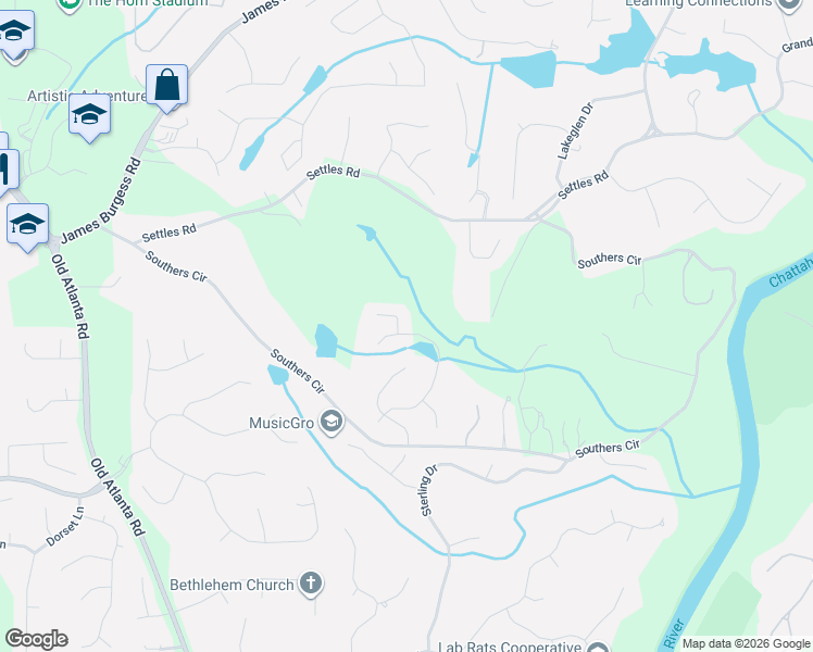 map of restaurants, bars, coffee shops, grocery stores, and more near 1120 Easy Street in Suwanee