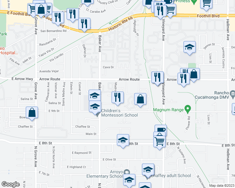 map of restaurants, bars, coffee shops, grocery stores, and more near 8607 Adega in Rancho Cucamonga
