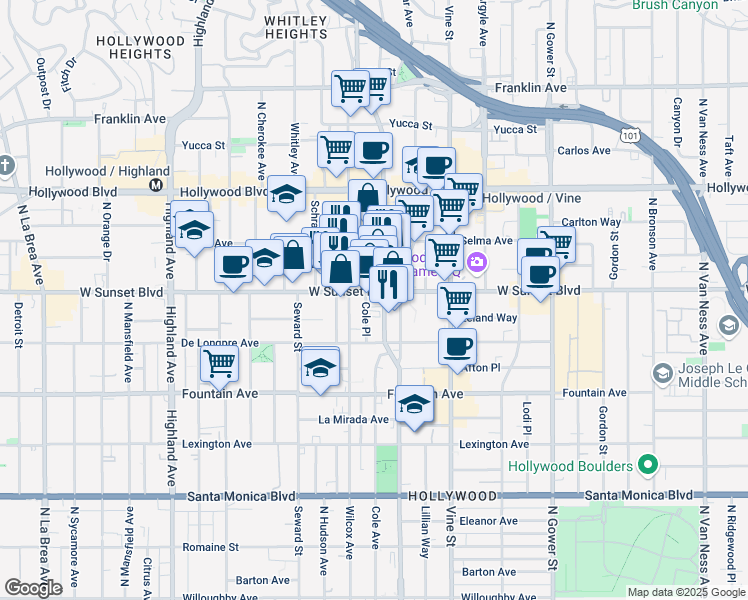 map of restaurants, bars, coffee shops, grocery stores, and more near in Los Angeles