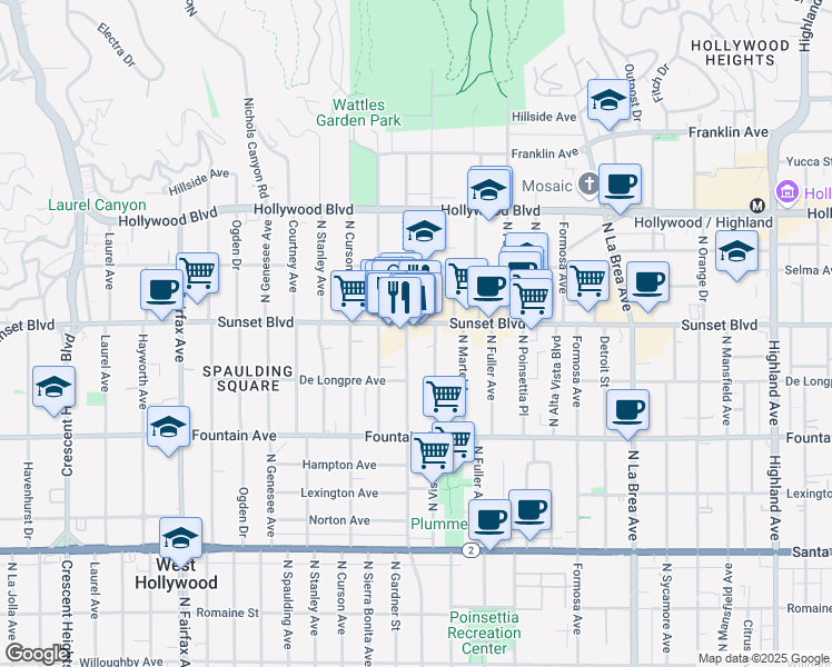 map of restaurants, bars, coffee shops, grocery stores, and more near 7420 Sunset Boulevard in Los Angeles
