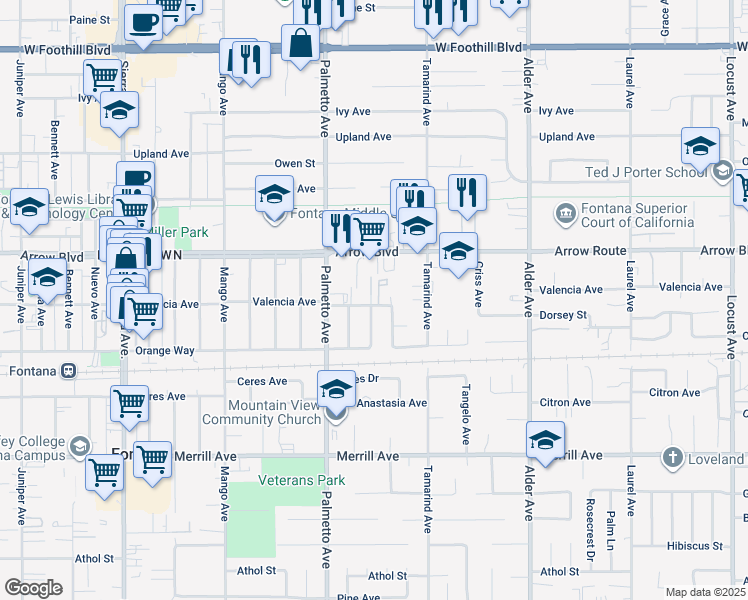 map of restaurants, bars, coffee shops, grocery stores, and more near 17394 Valencia Avenue in Fontana