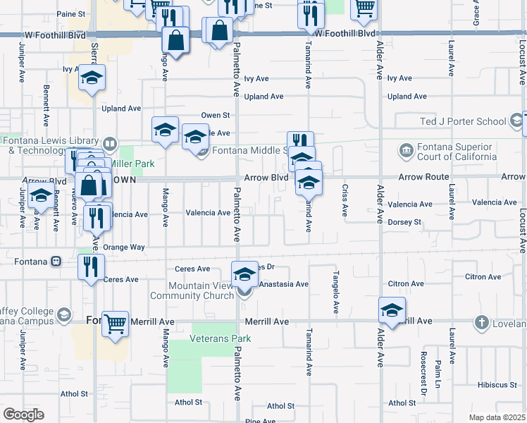 map of restaurants, bars, coffee shops, grocery stores, and more near 17352 Valencia Avenue in Fontana