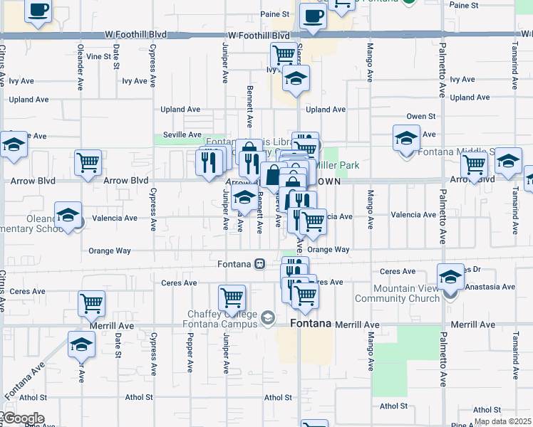map of restaurants, bars, coffee shops, grocery stores, and more near 8565 Bennett Avenue in Fontana