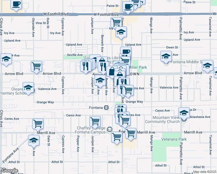 map of restaurants, bars, coffee shops, grocery stores, and more near 8565 Bennett Avenue in Fontana