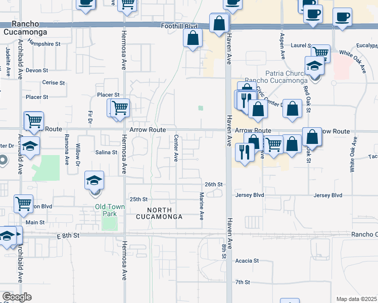 map of restaurants, bars, coffee shops, grocery stores, and more near 10352 Cooks Drive in Rancho Cucamonga