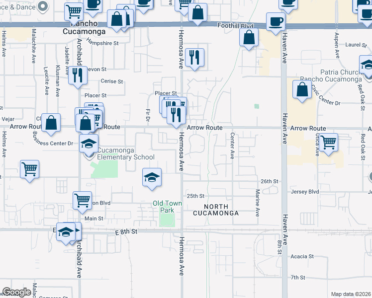 map of restaurants, bars, coffee shops, grocery stores, and more near 10005 Arrow Route in Rancho Cucamonga